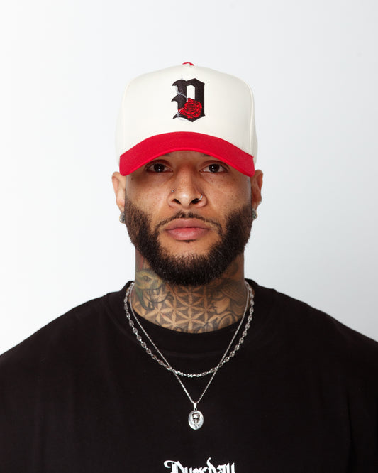 Stitched "D'Rose" Snapback in off-white/ red