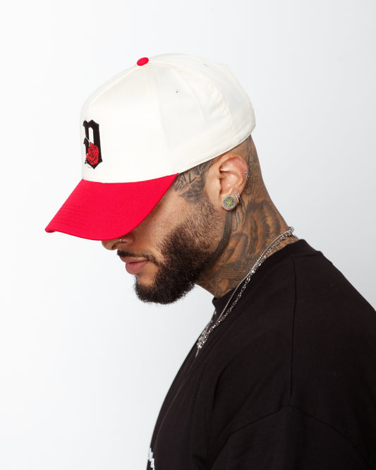 Stitched "D'Rose" Snapback in off-white/ red