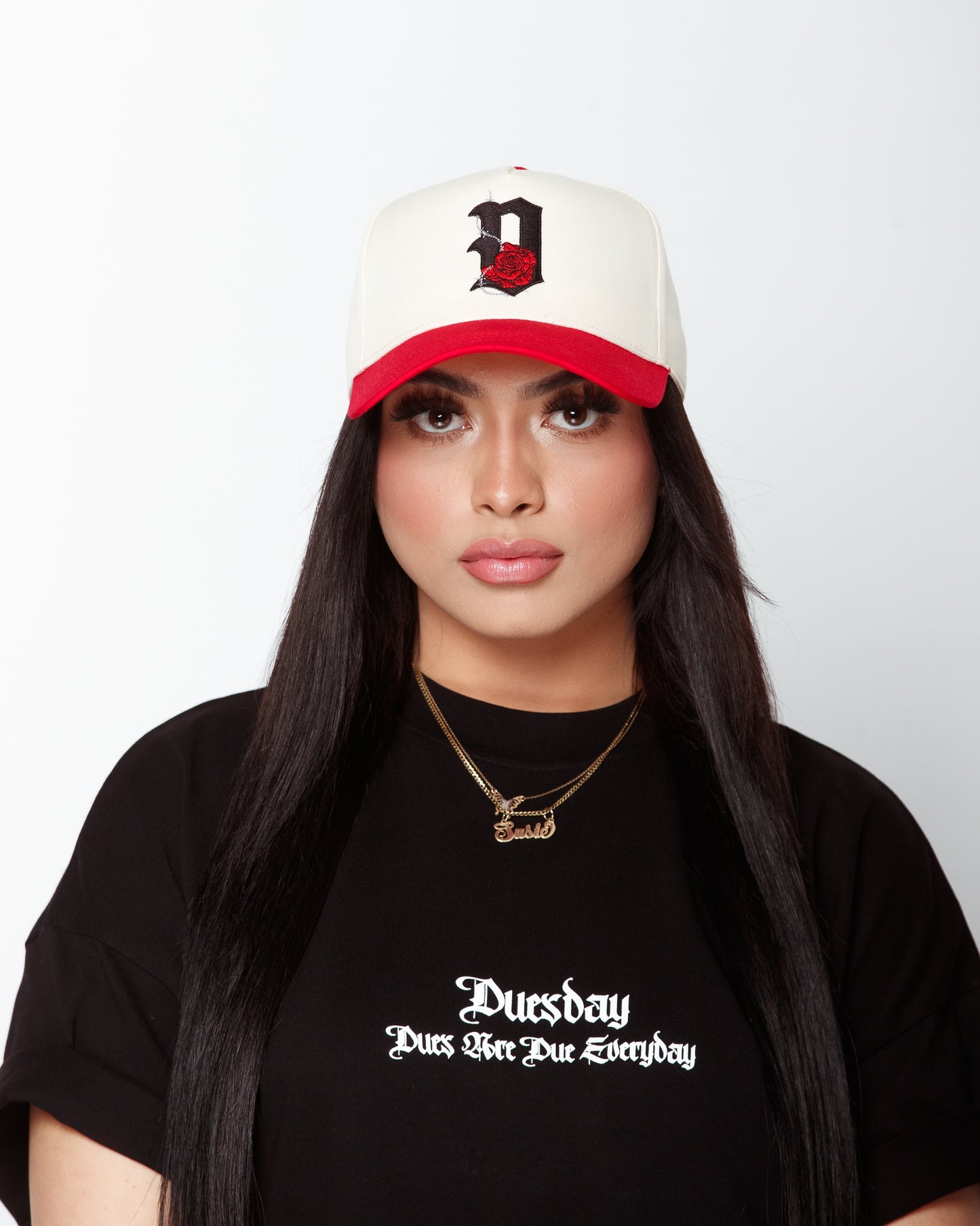 Stitched "D'Rose" Snapback in off-white/ red