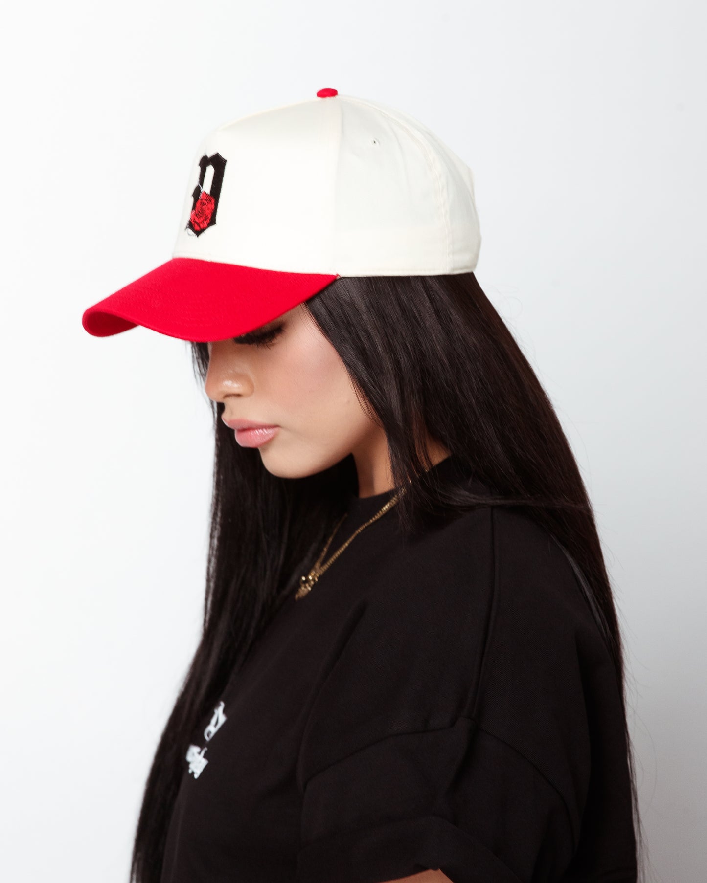 Stitched "D'Rose" Snapback in off-white/ red