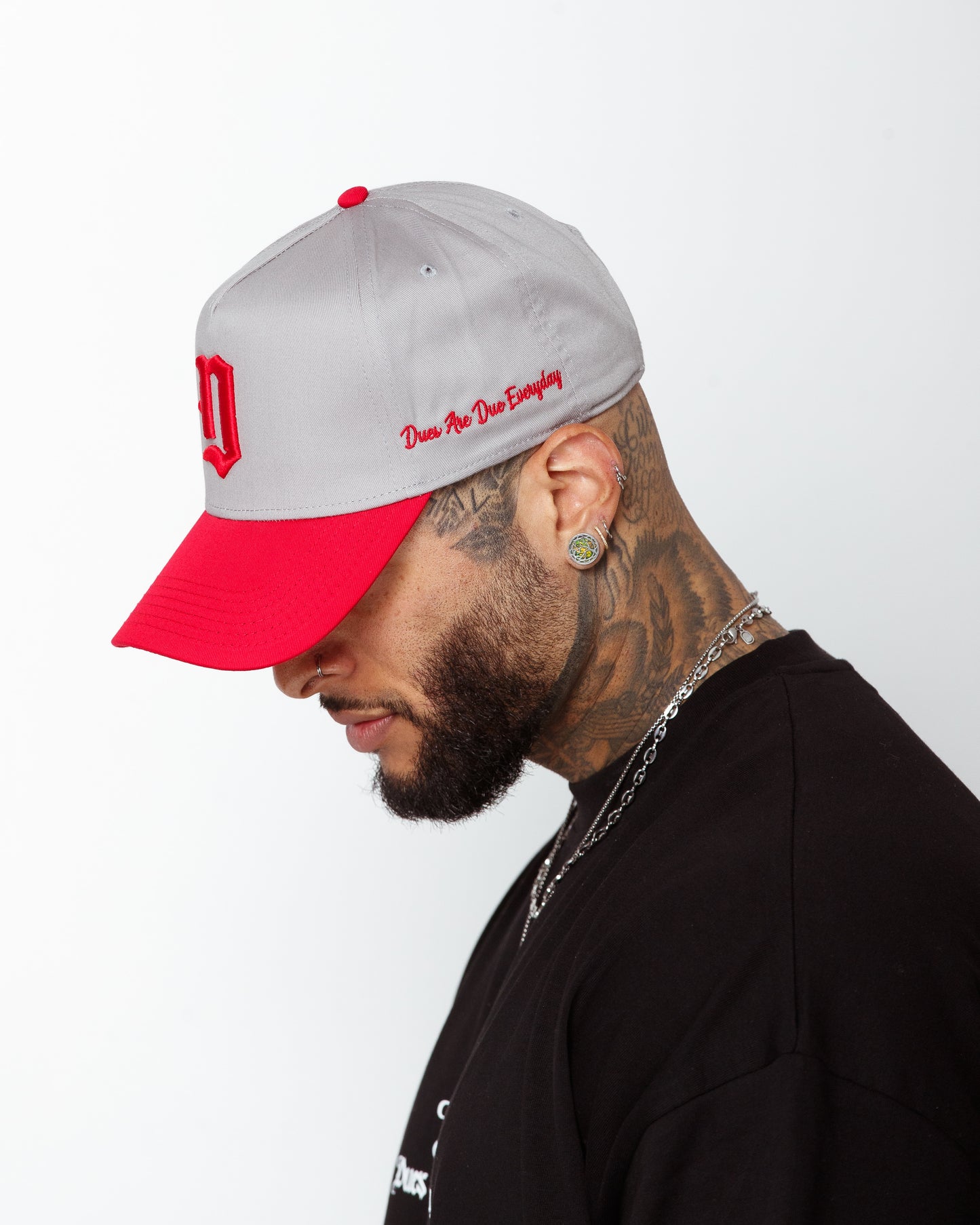 Embroidered "Dagger D" snapback in light grey/ red